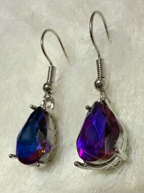Silver-Tone Teardrop Crystal Earrings in Blue-Purple
